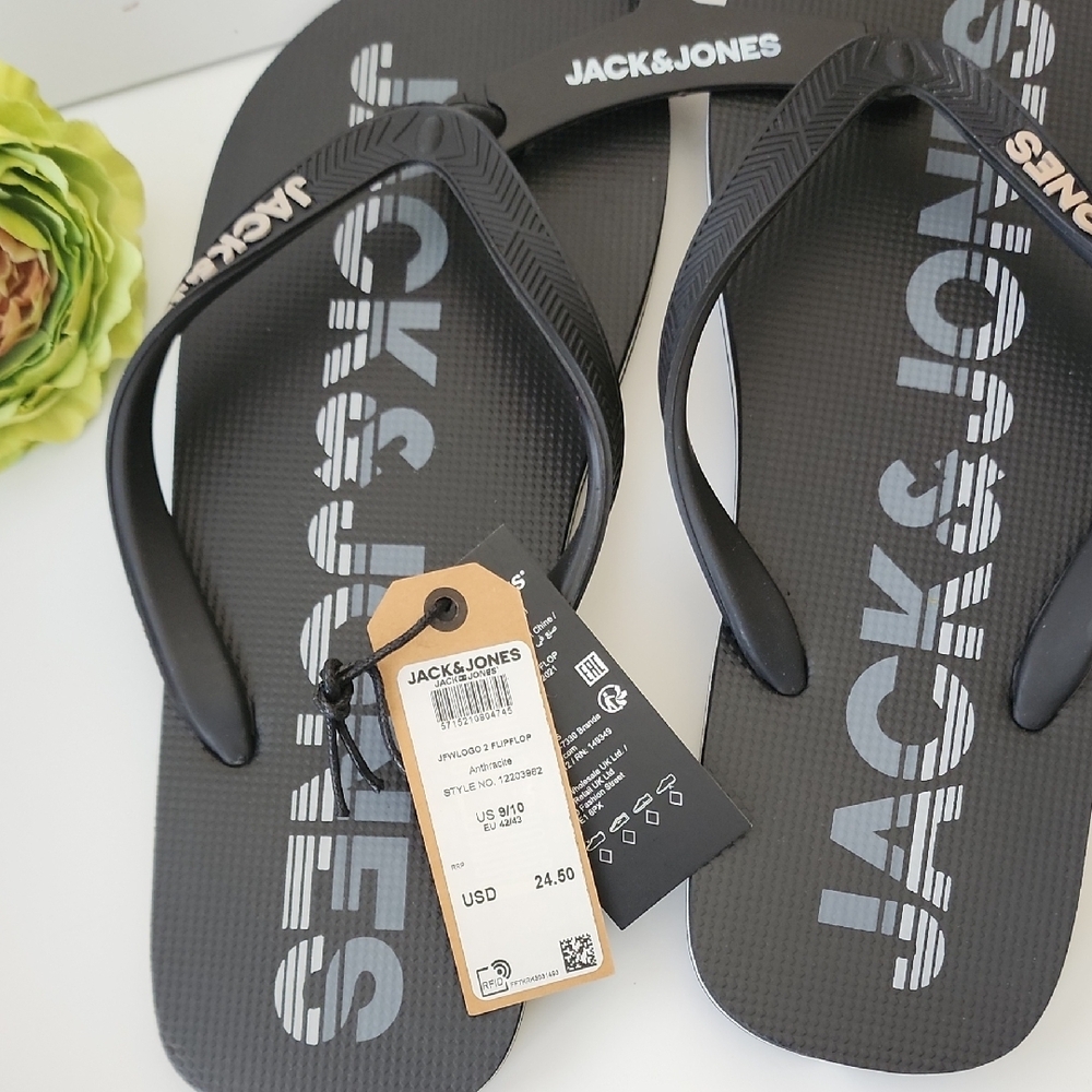 Jack & Jones Charcoal Flip Flops with Bold Logo - Picture 5 of 5
